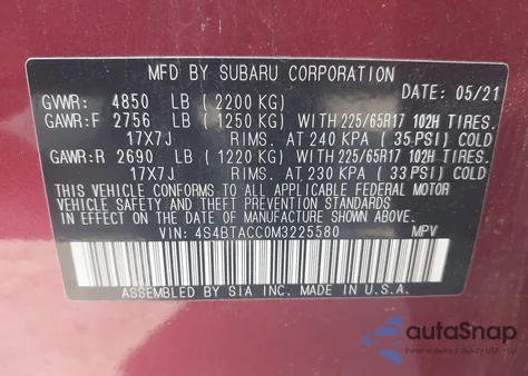 2021 Subaru Outback Premium z USA, uszkodzony, nr VIN 4S4BTACC0M3225580